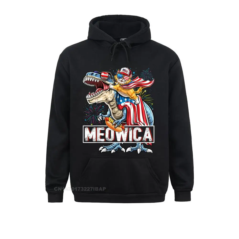 

Meowica Cat T Rex Dinosaur 4th Of July American Flag Hooded Pullover Sweatshirts Hoodies For Men Faddish Fitness Sweatshirts