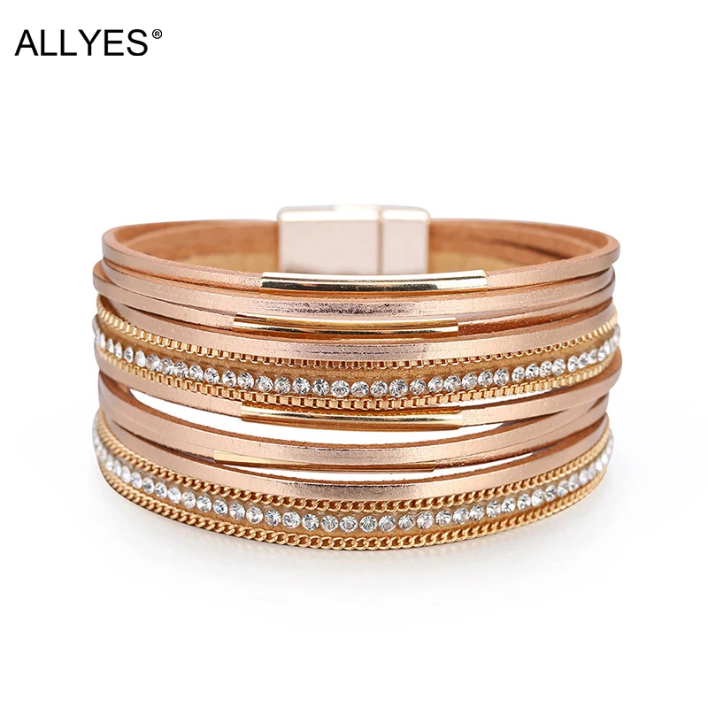 ALLYES Simple Charm Leather Bracelets for Women Fashion Boho Multilayer Rhinestone Wrap Bracelet Bangle Female Jewelry Gifts