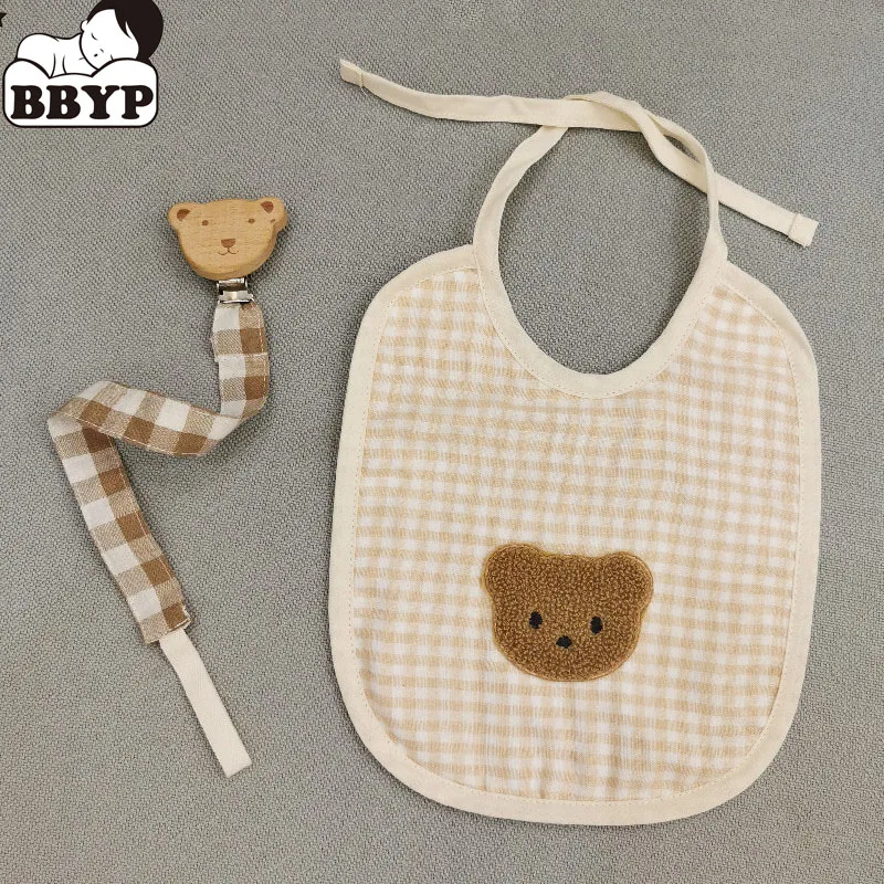 Korean Bear Embroidered Baby Bib Saliva Towel Cotton Lattice Bibs For Newborns Washcloth Feeding Handkerchief Boys & Girls