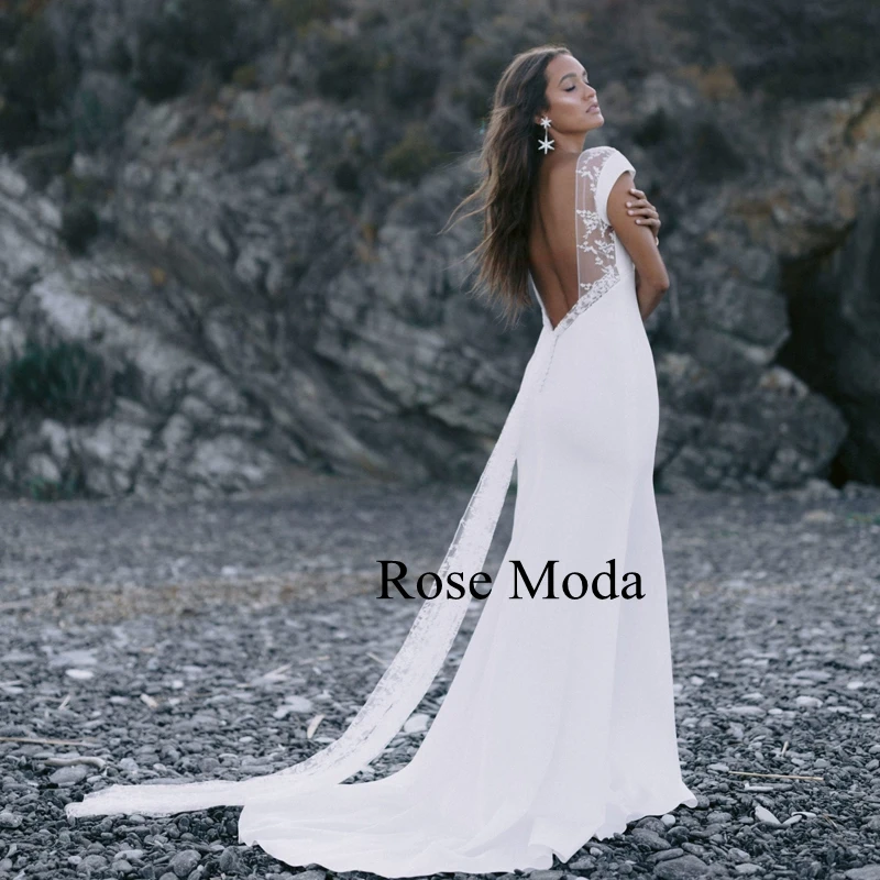 Rose Moda Cap Sleeves Backless Beach Wedding Dress with Slit Destination Bridal Gown