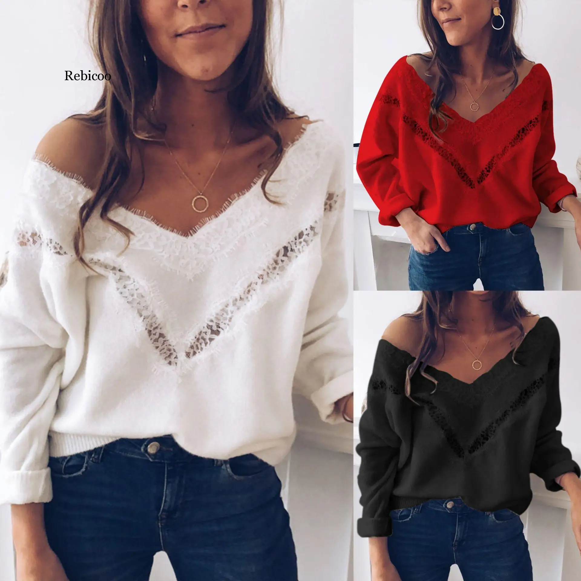 Sexy Tops and Blouse Fall Tops Women Sexy Low Cut Lace Patchwork White Long Sleve Women Blouse