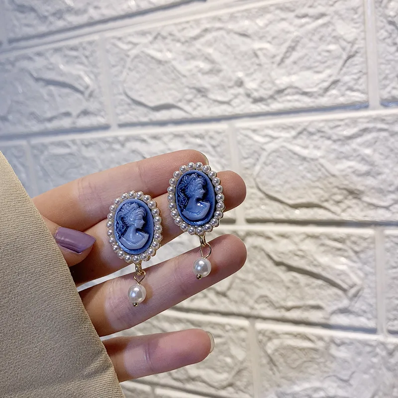 الكورية مزاجه الراتنج الجولة الأزرق حجر كليب على أقراط Quenn رئيس أنيقة الرجعية الفرنسية اللؤلؤ أقراط مشبكية لا ثقب النساء