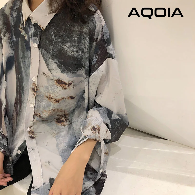 Women\'s Korean Style Chic Abstract Ink Printing Long Sleeve Blouse Shirt Turn Down Collar Loose Ladies Shirt Y2K Spring 2024