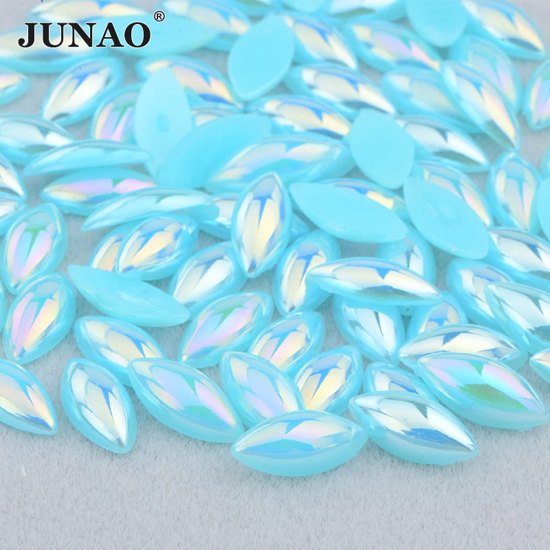 JUNAO 5*10mm 7*15mm Aquamarine AB Flat Back Half Pearl Rhinestone Loose Pearl Beads Applique Non Hotfix Strass Crystal Sticker