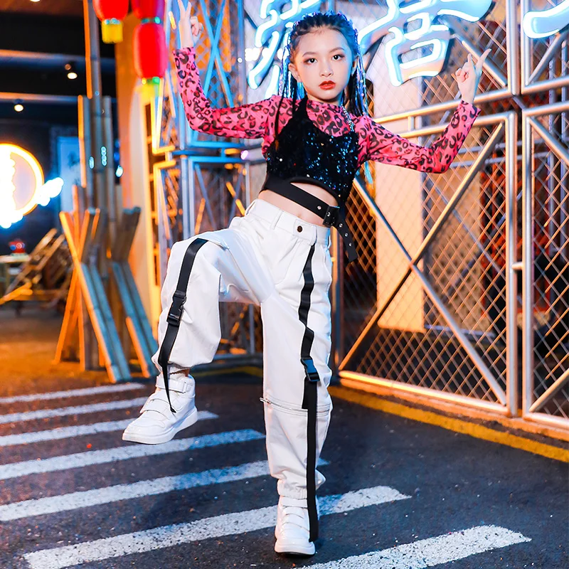 

New Girls Jazz Performance Clothing Kids Modern Street Dance Hiphop Long Sleeve Leopard Tops Sequin Vest Long Pants Suit DQL4600