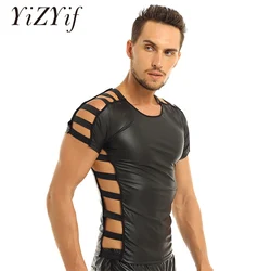 Mens Fashion Pullover Muscle T-shirt Tops Faux Leather Night Clubwear Costume Cut Out Elastic Band Sexy Dance T Shirt Party