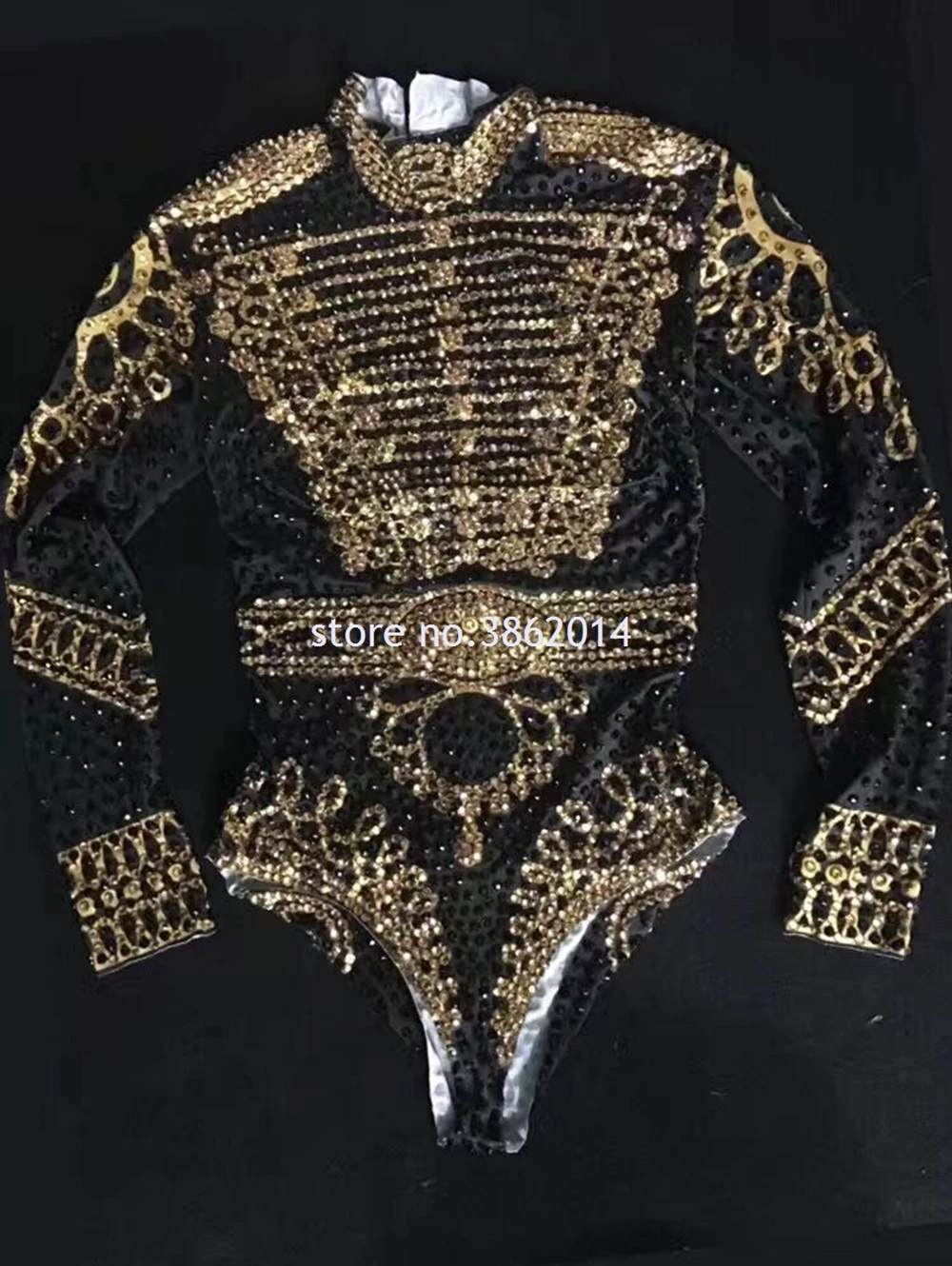 Sparkly Gold Rhinestones Bodysuit Long Sleeve Female Singer Performance Leotard Stage Wear One Piece Dance Costume Rave Outfits