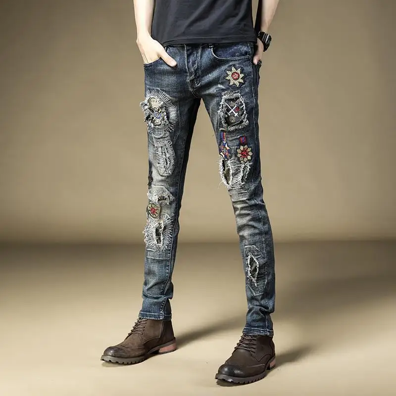 

Europe and America Spring and Autumn New Men's Jeans Male Hip Hop Retro Embroidery Hole Patch Slim Locomotive Pants Men trouser