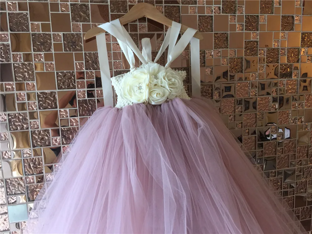 Baby Girls Ivory Flower Tutu Dress Kids Crochet Strap Dress Pink Ball Gown Children Birthday Party Costume Photography Dresses