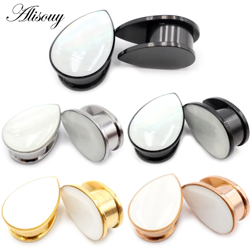 Alisouy 2pcs Ear Tunnels Plugs Gauges Stainless Steel Water drops Shell Ear Expander Stretcher Earrings Piercing Body Jewelry