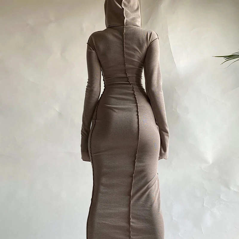 2023 Long Sleeve Hooded Patchwork Skinny Maxi Dress