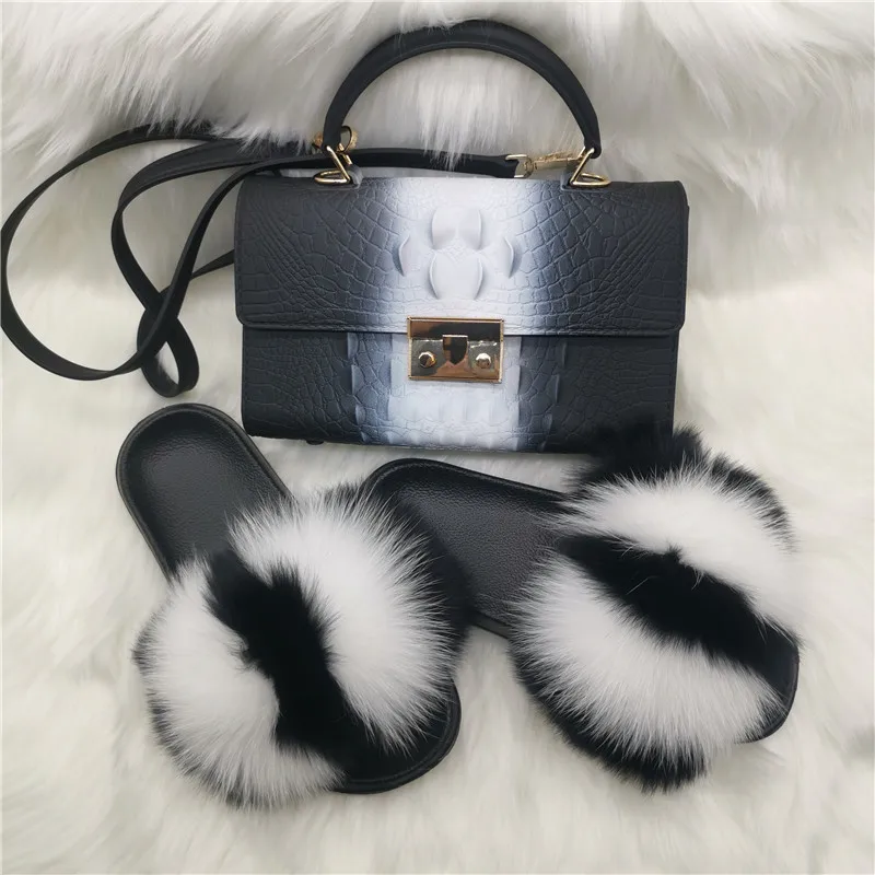 New Women Casual Plush Real Fox Fur Slippers Fashion Shoulder Bag Indoor Fluffy Fur Flip Flops Ladies Cute Flat Furry Fur Slides