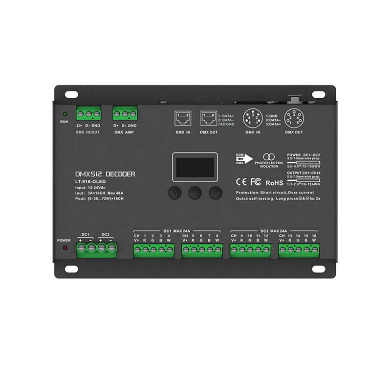 Imagem -04 - Decodificador do Ltech-led Dmx Indicação Digital Porto Terminal Verde Escravo de Dmx 16 Canais Saída Oled Xlr5 Rj45 cc 12v24v 3a x 16 ch