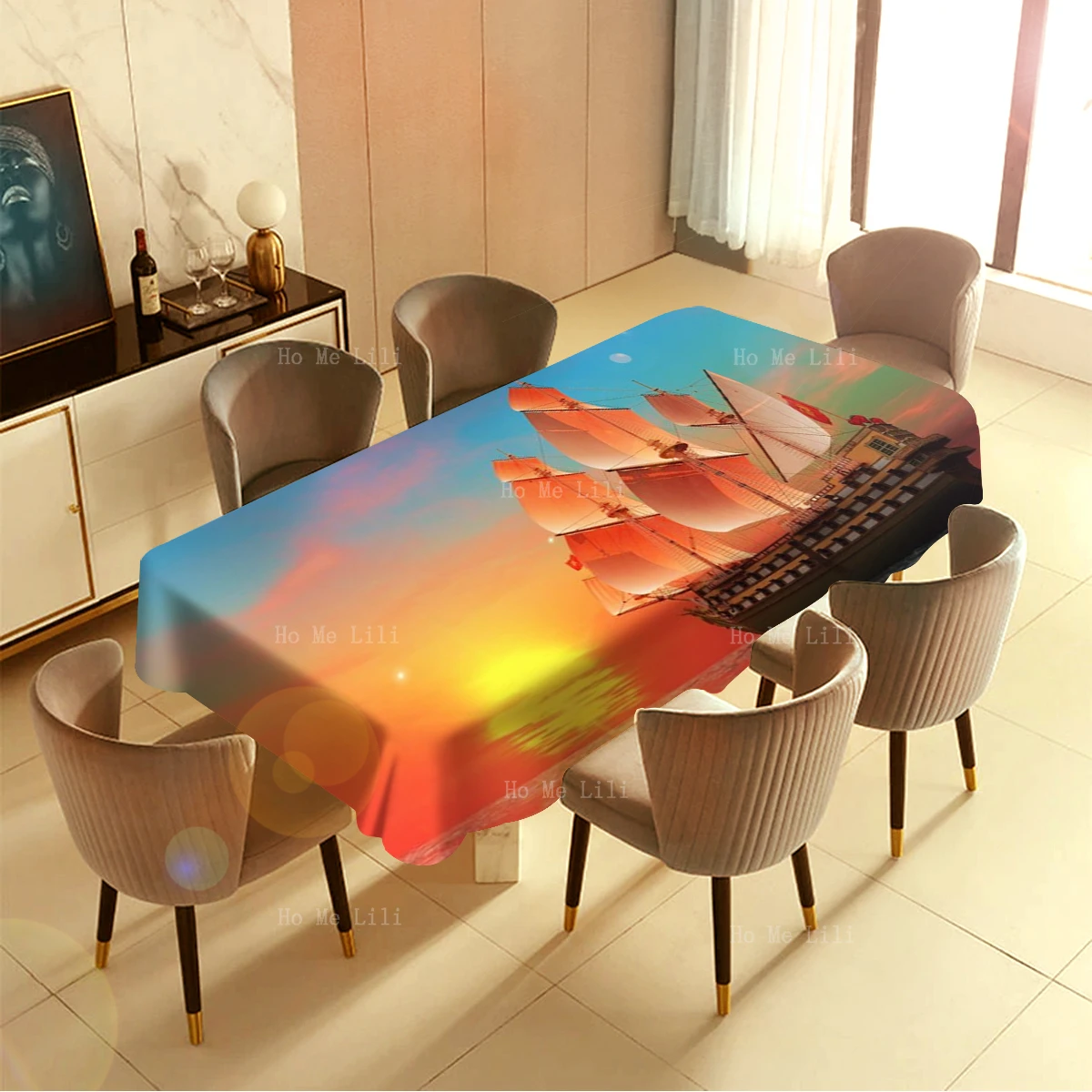 Sunset Old Ghost Pirate Ship Geographic And Historical Ancient Map Art Fantastic Surreal Rectangle Table Cloths By Ho Me Lili