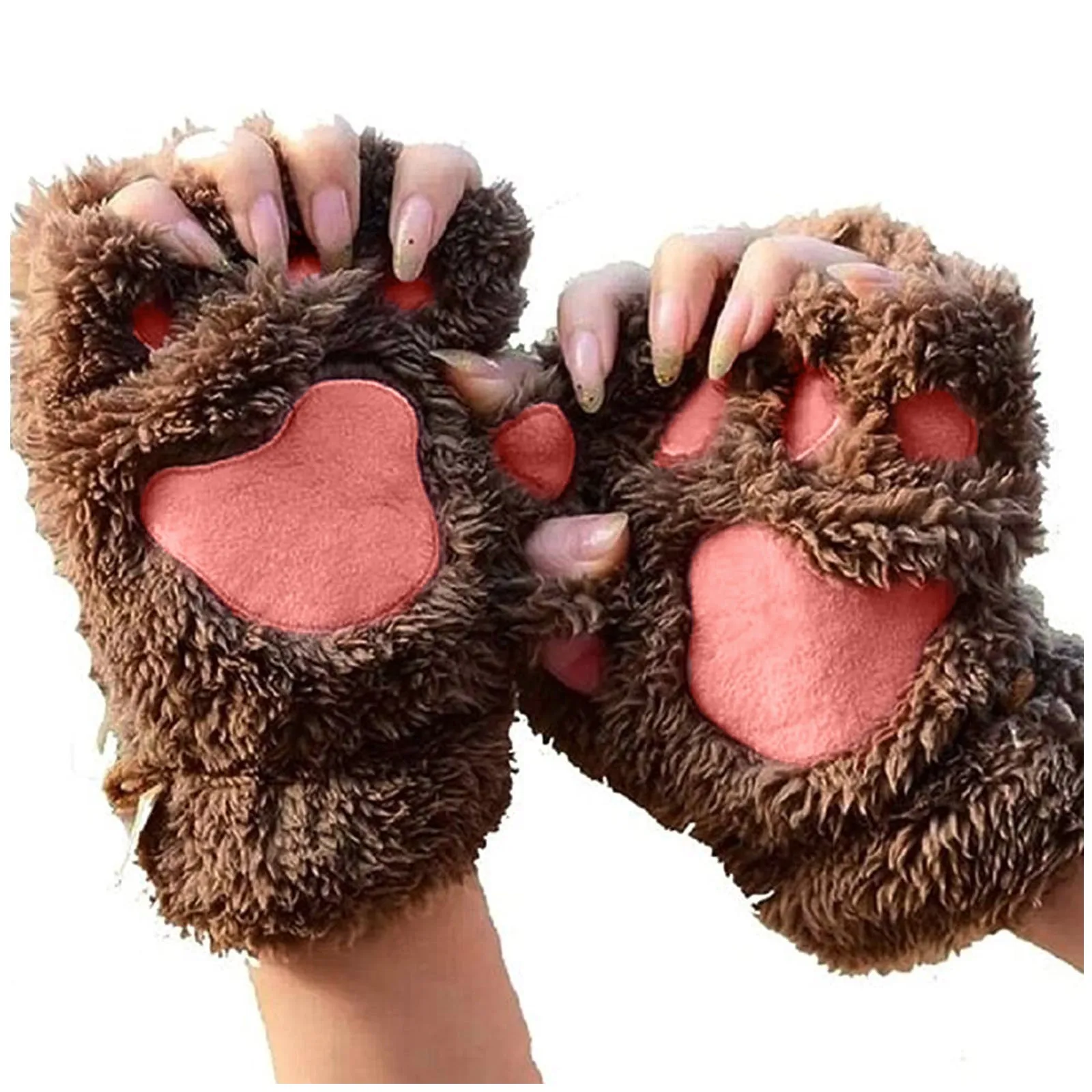 Girls Lovely Winter Warm Fingerless Gloves Fluffy Bear Cat Plush Paw Claw Half Finger Plush Gloves Mittens New Women Ski Glovees