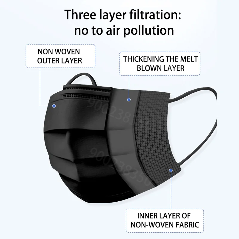 10-500 PCS Masks Disposable Black Mask Adults Individual Package Mask 3 Layer Ply Filter Masque Anti-Dust Protective Masque Noir
