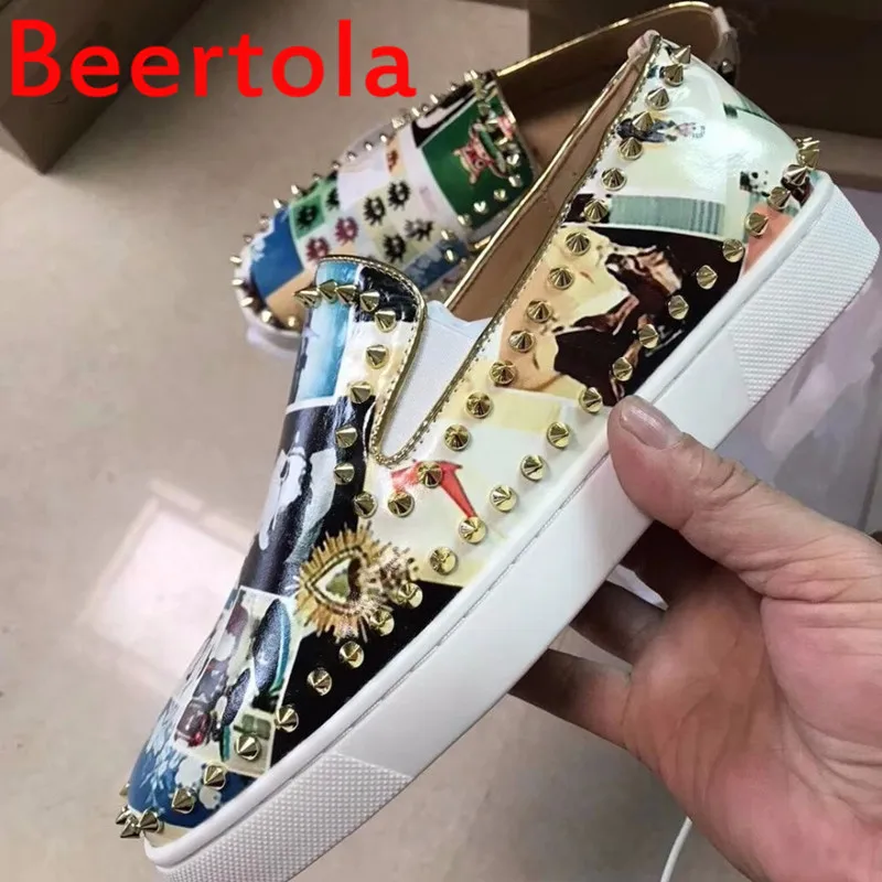 Beertola Male Comfortable Random Pattern Loafers Men Casual Shoes Party Dress Shoes Men Flats Rivet Sneakers Mixed Color