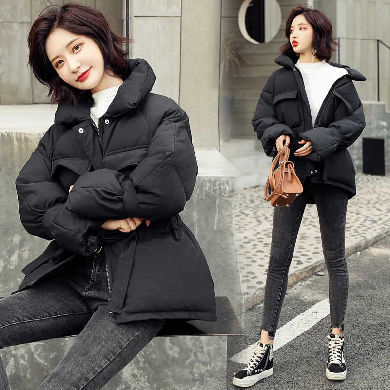 2024 New Winter Hooded Long Sleeve Solid Color Black Cotton-padded Warm Loose Big Size Jacket Women Parkas Fashion Outwear