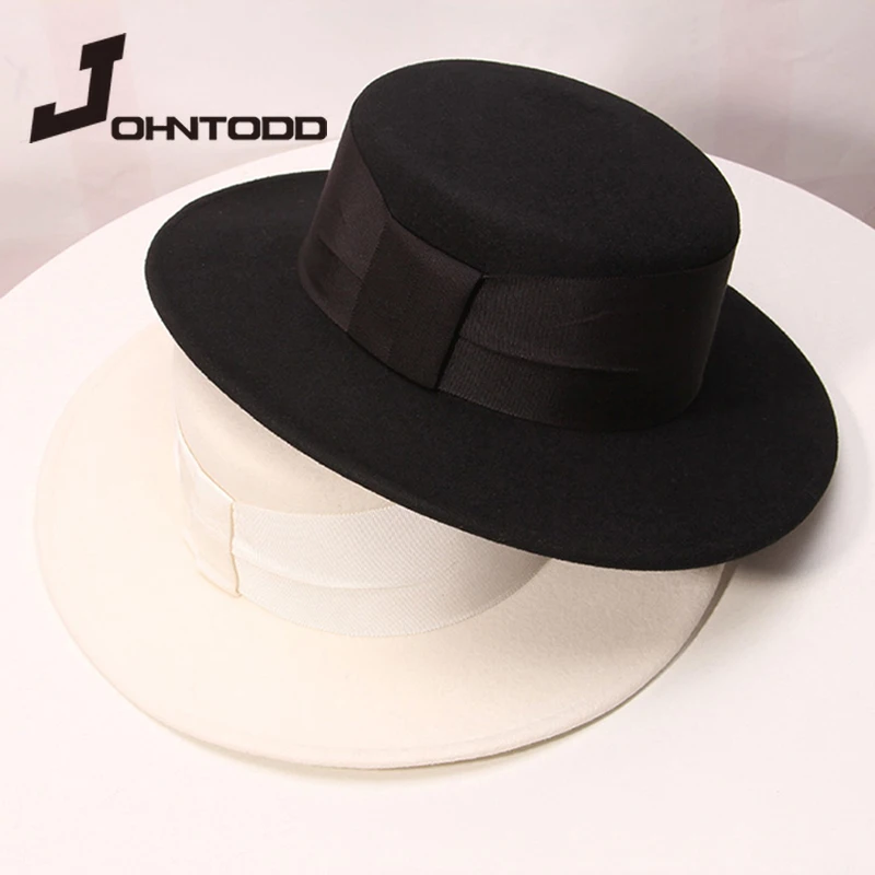 Black/white wide brim simple church derby top hat Panama solid felt fedora hat for men and women wool top hat   kentucky