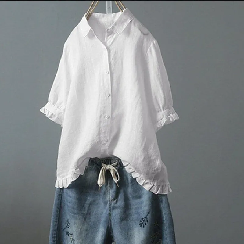 

New Solid Ruffled Blouse Summer Women Short Sleeve Shirt Causal Lapel Cotton Linen Loose Blusas Female Tops s1138