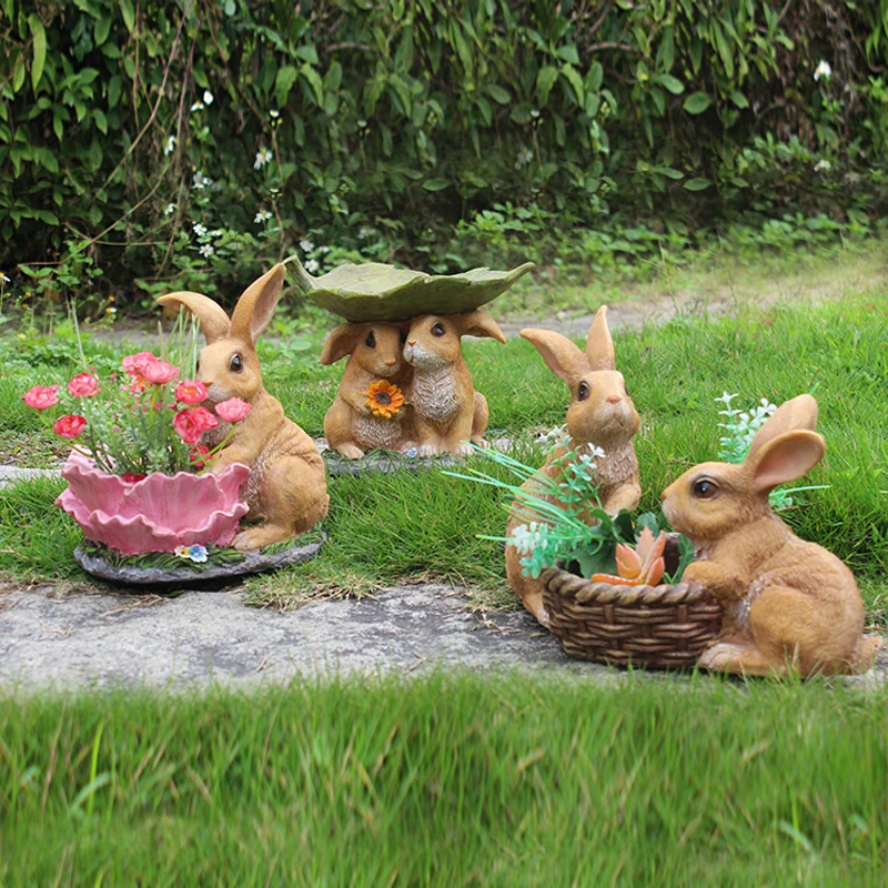 Simulation Animal Rabbit Resin Succulent Flowerpot Decor Items Courtyard Sculpture Accessories Garden Lawn Figurines Decoration