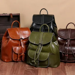 New Oil Wax Leather With Drawstring Convergent Clamshell Leisure Classic Multi-Function Large Capacity Women'S Backpack