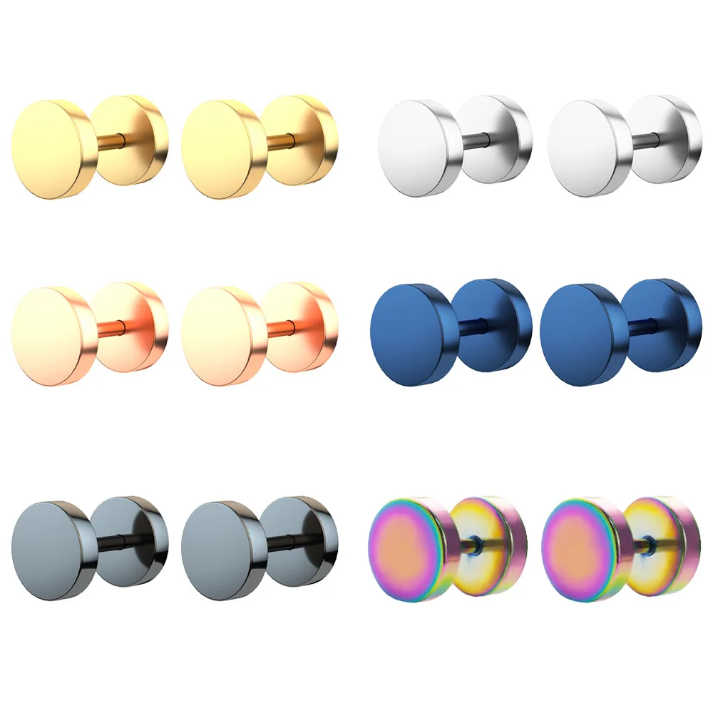 Fake Plugs Faux Gauges Earrings for Men Women Stainless Steel Studs Circle Flat Back Cheater Tunnels Dumbbell Punk Ear Piercing