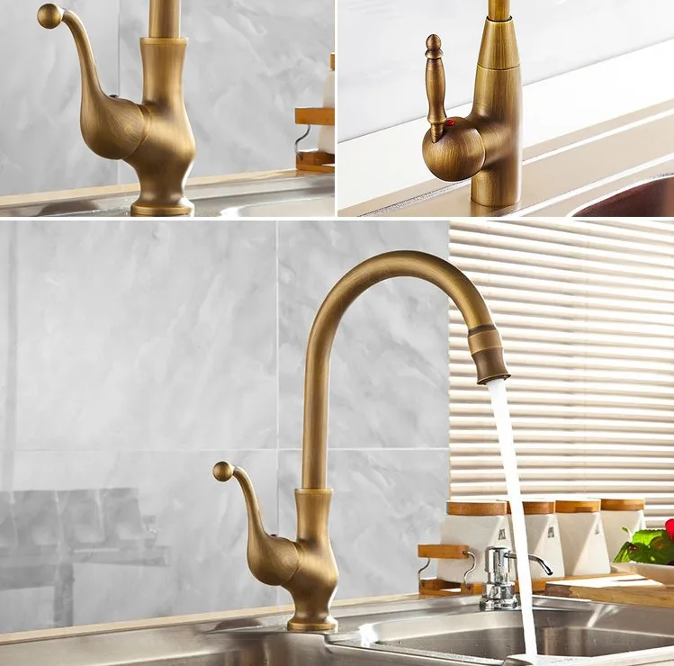 

Basin Faucets Antique Bathroom Sink Mixer Deck Mounted Single Handle Single Hole KitchenFaucet Brass Hot and Cold Tap ZD013