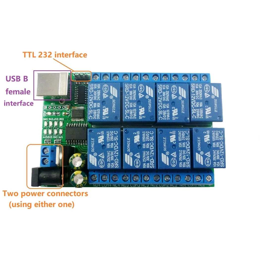 2 in 1 DC 5V 12V 24V 8ch USB Serial Port Relay Module UART RS232 TTL Switch Board CH340 for Windows Linux MAX OS