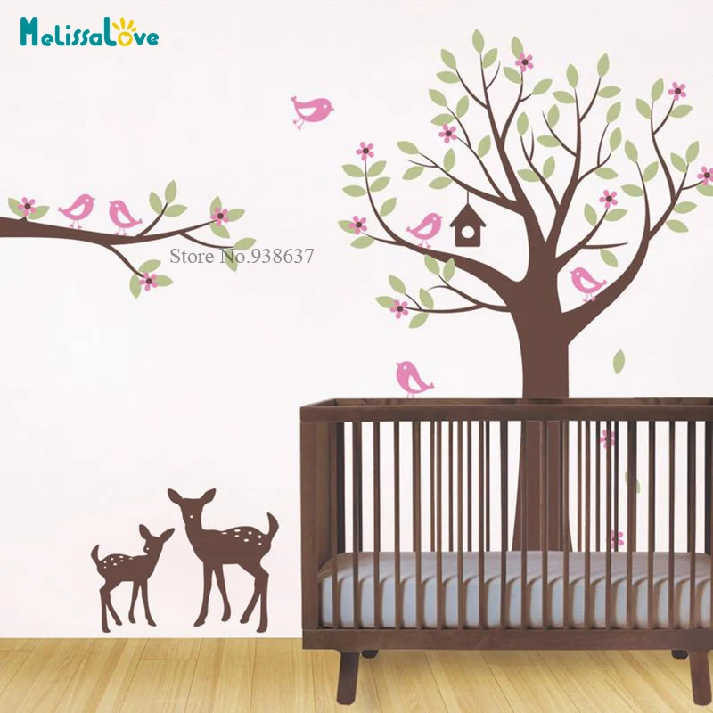 

Cute Flower Tree with Birds and Deer Wall Decal Home Kids Room Decoration Living Room Nursery Vinyl Sticker Murals BB748