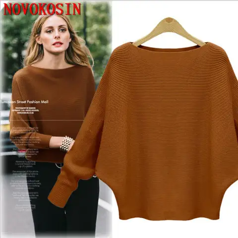 19 Colors Women Knitted Long Batwing Sleeves Loose Sweater Autumn Outstreet High Stretch Knitwear Wide Collar Pullover Knits