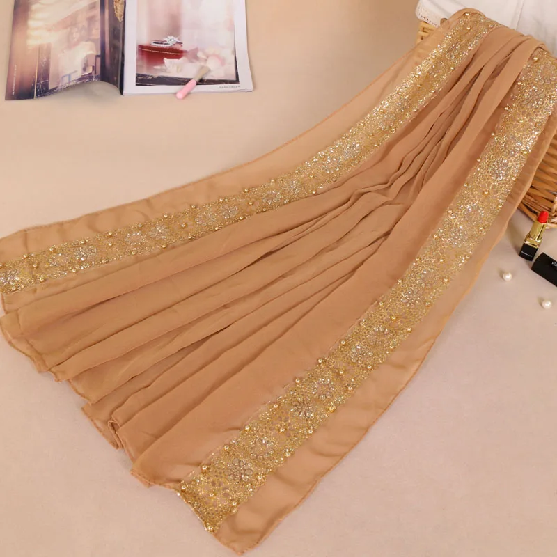 Muslim Chiffon Hijab Beaded Femme Musulman Gold Diamonds Sequins Long Scarf Hijabs Hoofddoek Fashion Plain Turban Foulard Laven