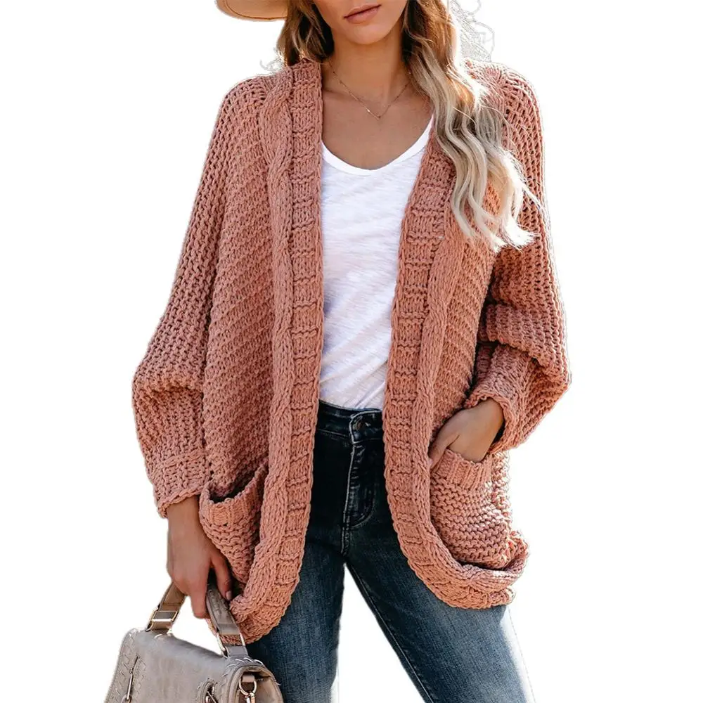 65%  Dropshipping!!Winter Women\'s Jacket Solid Color Knitted Pocket Loose Large Size Cardigan Sweater