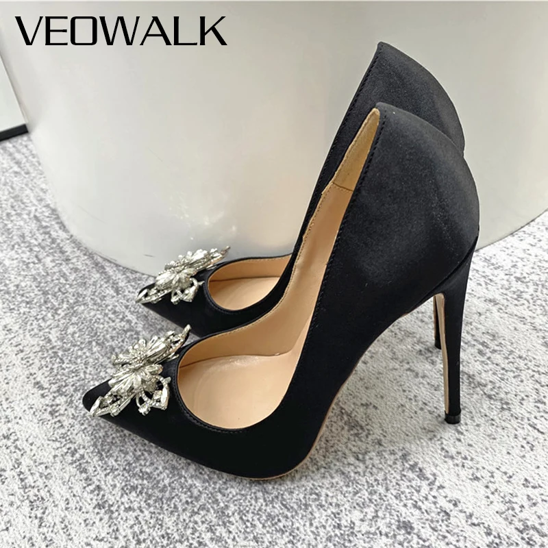 Veowalk Crystal Bow Women Satin Pointy Toe Stiletto Pumps Elegant High Heel Wedding Party Shoes Large Size 43 44 45 Black Purple