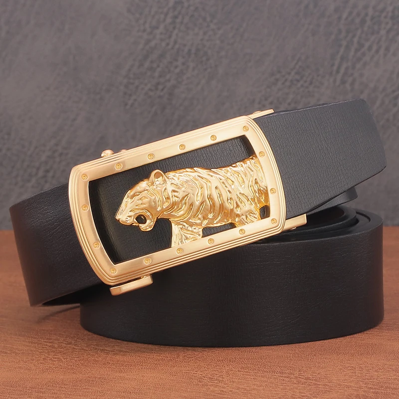 Tiger Belt Men\'s Luxury Leather Automatic Buckle Designer Fashion Black Belt Genuine Men\'s Casual Belt High Quality