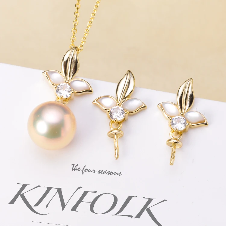 Fancy Flower Pearl Pendant Necklace Fittings+Flora Earrings Components S925 Sterling Silver 2Pcs/Set Silver&Gold Color