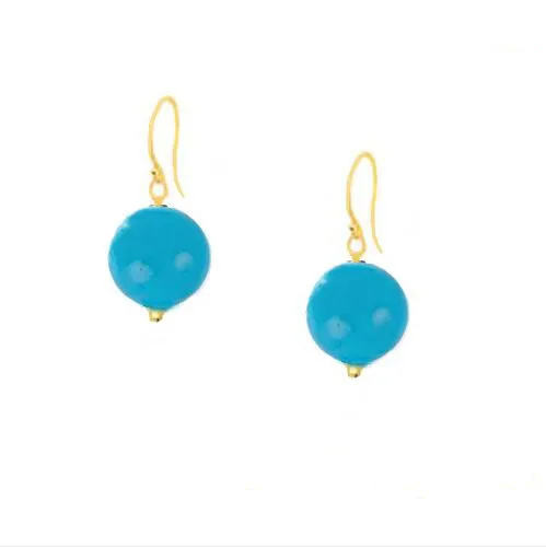 New Classic Favorite Pearl Store Stunning 8mm Round Blue Natural Turquoise Beads Solid Gold Hook Fine Earring Lady Gift