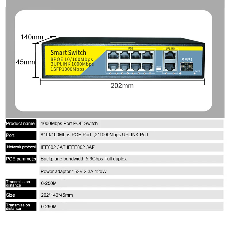 TEROW POE Gigabit Switch 8 Port 100Mbps POE +2 Port 1000Mbps Uplink and SFP with 52V Internal Power 250M for Network IP Cameras