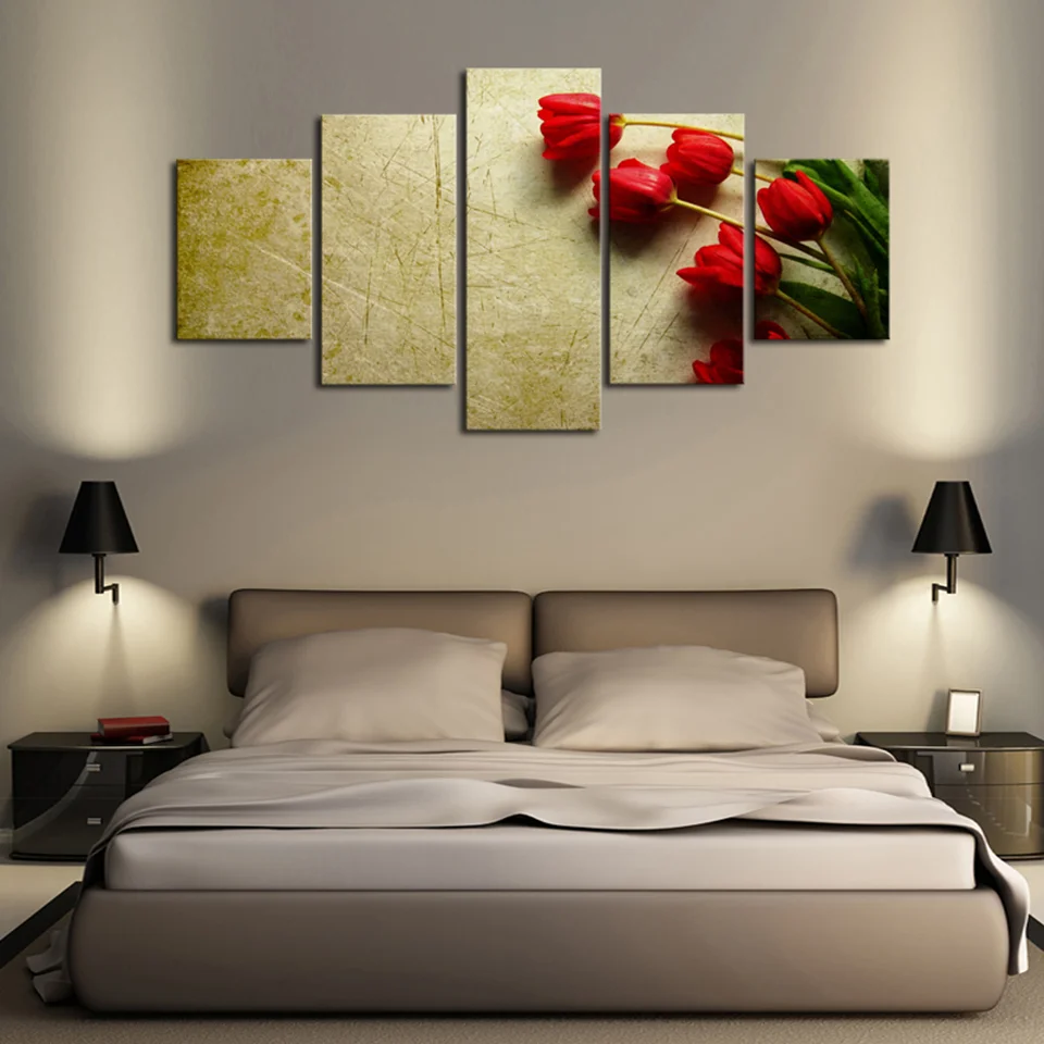 

5 Panel Red Rose Scenery Printed Modern Canvas Painting Wall Art Poster Pictures Home Decor Living Room Modular Frame