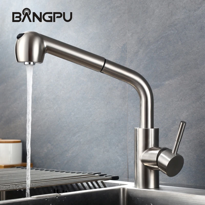 BANGPU Kitchen Pull Out Faucet Single Hole Sink Faucet Deck Mounted Stream Sprayer Nozzle Brushed Nickel