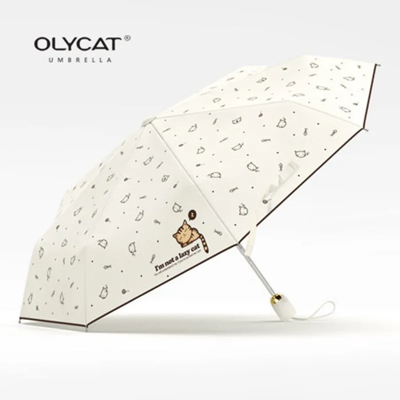 OLYCAT-Three Fold Umbrella for Women, Fully Automatic, White Cat, Student, Children, Girls, Black Gum, Sunscreen, Rainproof