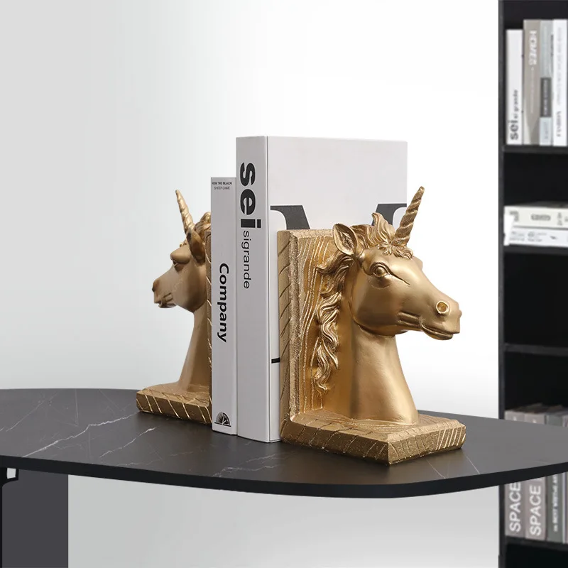 Handmade Resin Unicorn Horse Statue Book Stand Office Study Room Desktop Bookcase Display Crafts File Bookends Books Rely