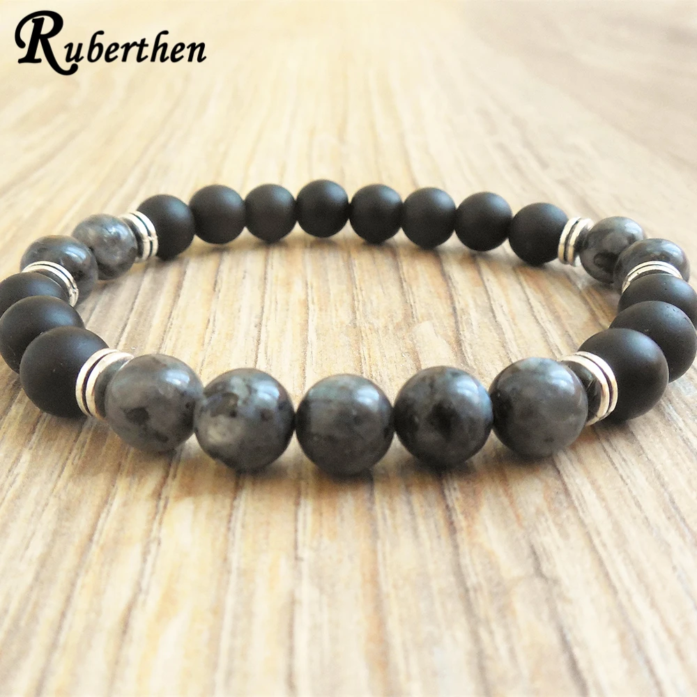 Ruberthen Mens Gray Larvikite Bracelet Natural Matte Black Onyx Bracelet Gemstone Energy Meditation Wrist Mala Bracelet