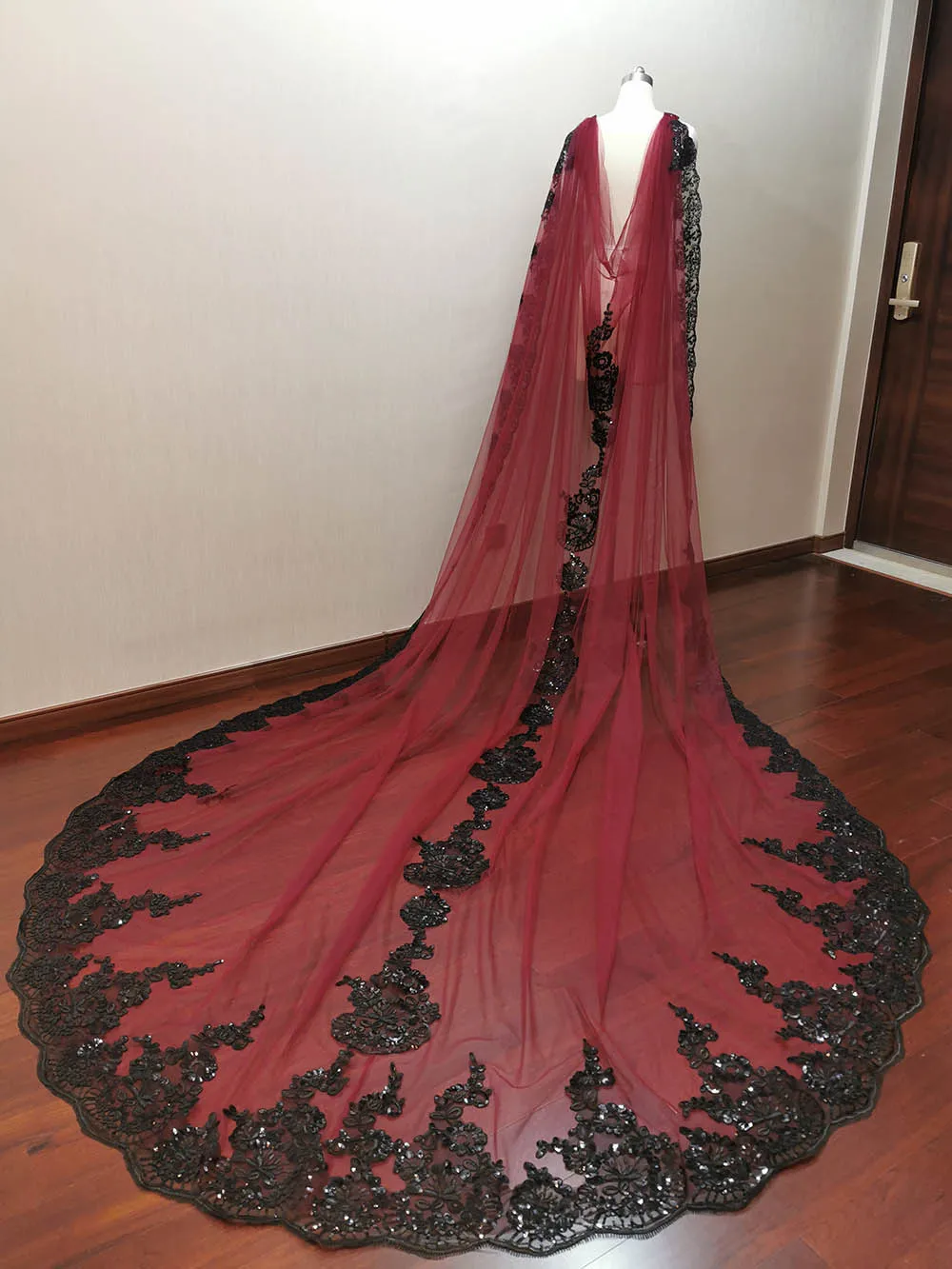 Customized Dark Burgundy Tulle Black Lace Wedding Cape 3.5 Meters Long Bridal Bolero with Bling Sequins Lace Bolero