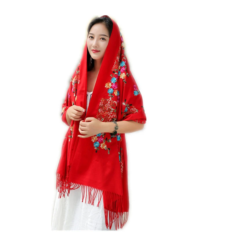 scarf thickening travel side fashion Women's shawl warm flower embroidery black scarf wrappe Chinese national style red Châle