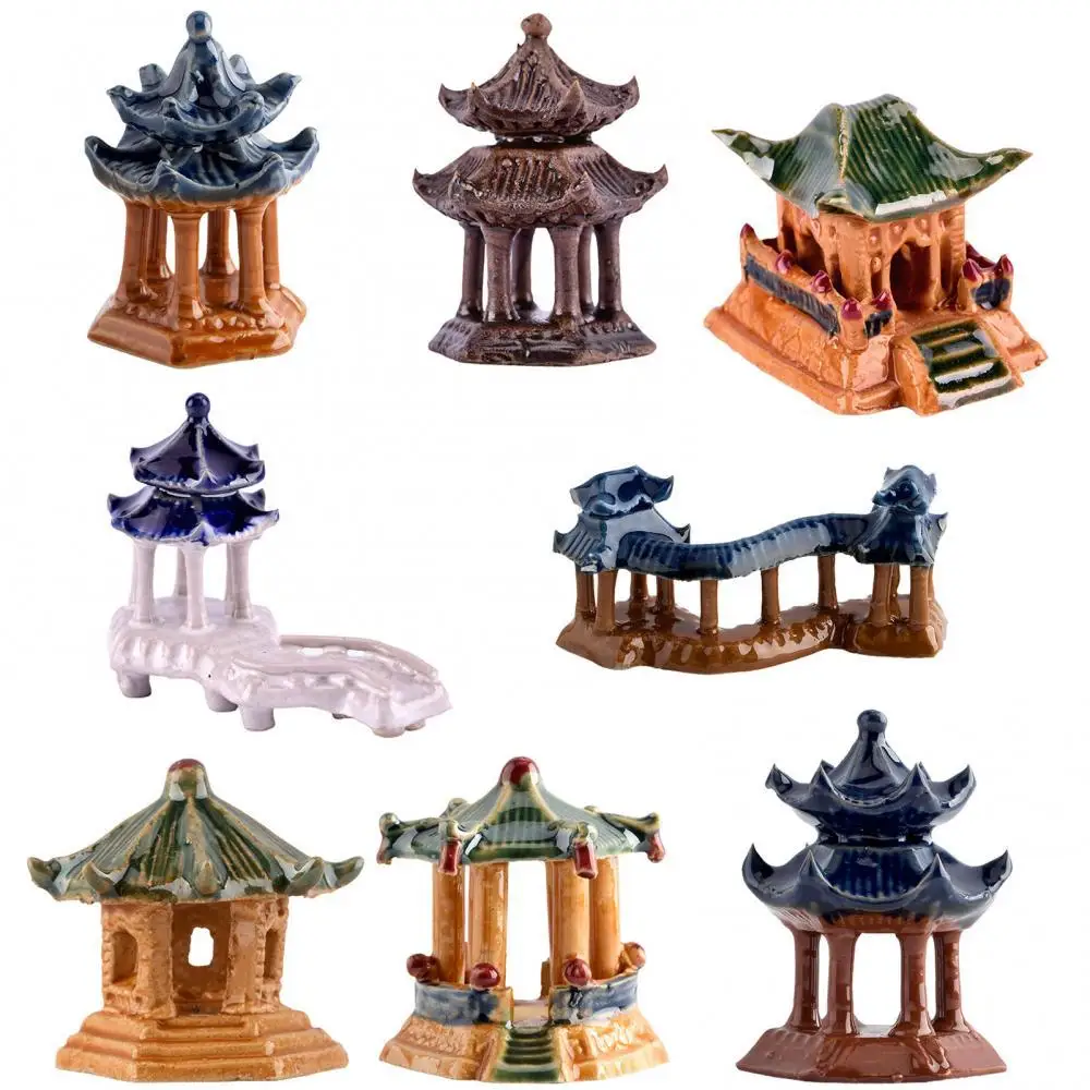 Figuras de Casa clásicas chinas de cerámica de Color en miniaturas, arte de decoración de paisaje de acuario de bonsái, pabellón arquitectónico simulado