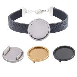5pcs Stainless Steel Flat Leather Round Slider Beads 20mm Cabochon Base Bezel Trays Settings Bracelet Spacers Diy Jewelry Making