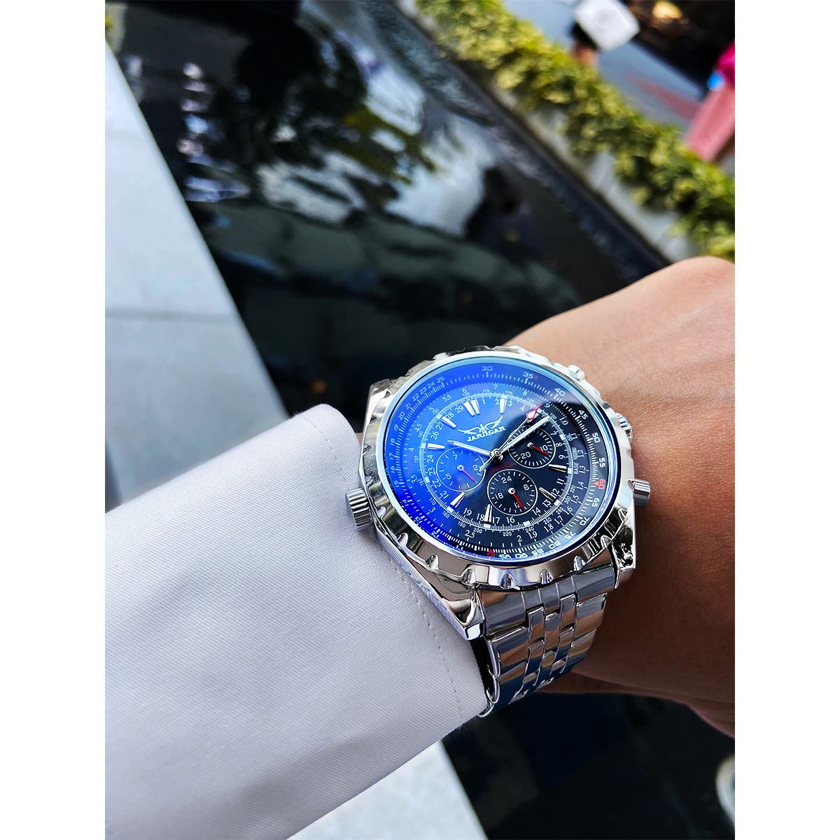 Jaragar Blue Glass Design Black Silver Automatic Watch Stainless Steel Date Clock Luminous Men Business Mechanical Wristwatch