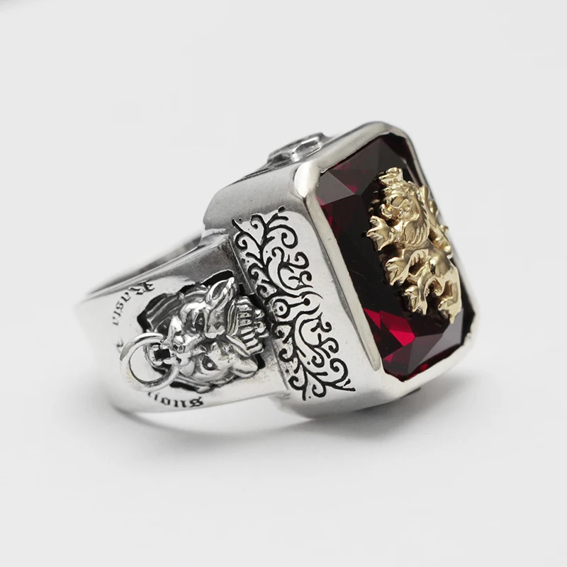 ruibeila925 argent personnalité de la mode grand bijou rouge bague masculine gardant la bague de lion de couleur sang