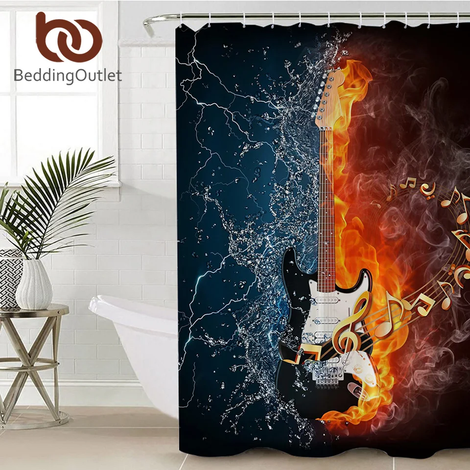 BeddingOutlet Bass Guitar Bath Curtain 3D Printed Waterproof Bathroom Curtain Fire And Water Shower Curtain Music Vivid Curtain